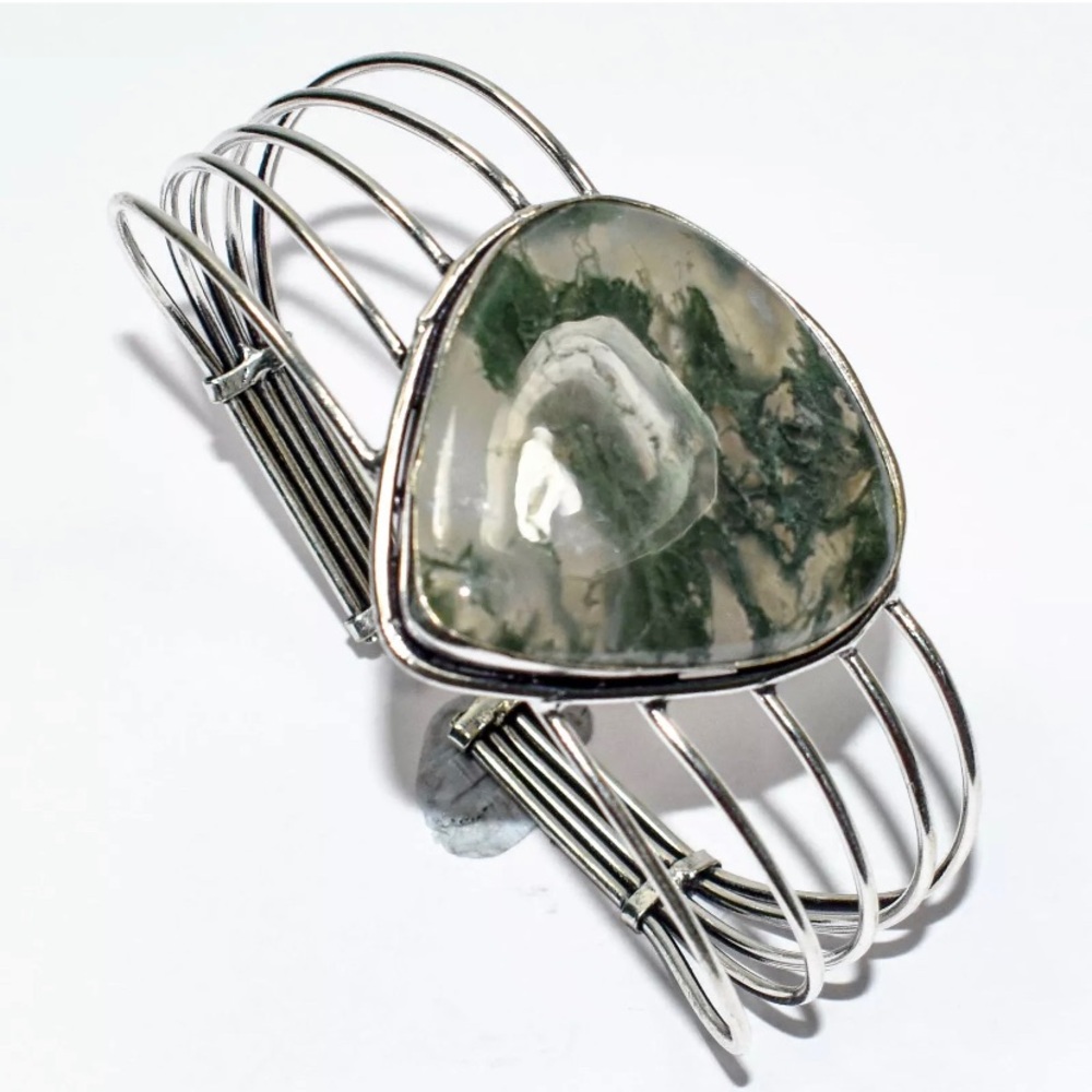 Moss Agate Gemstone Silver Adjustable Cuff - image 1